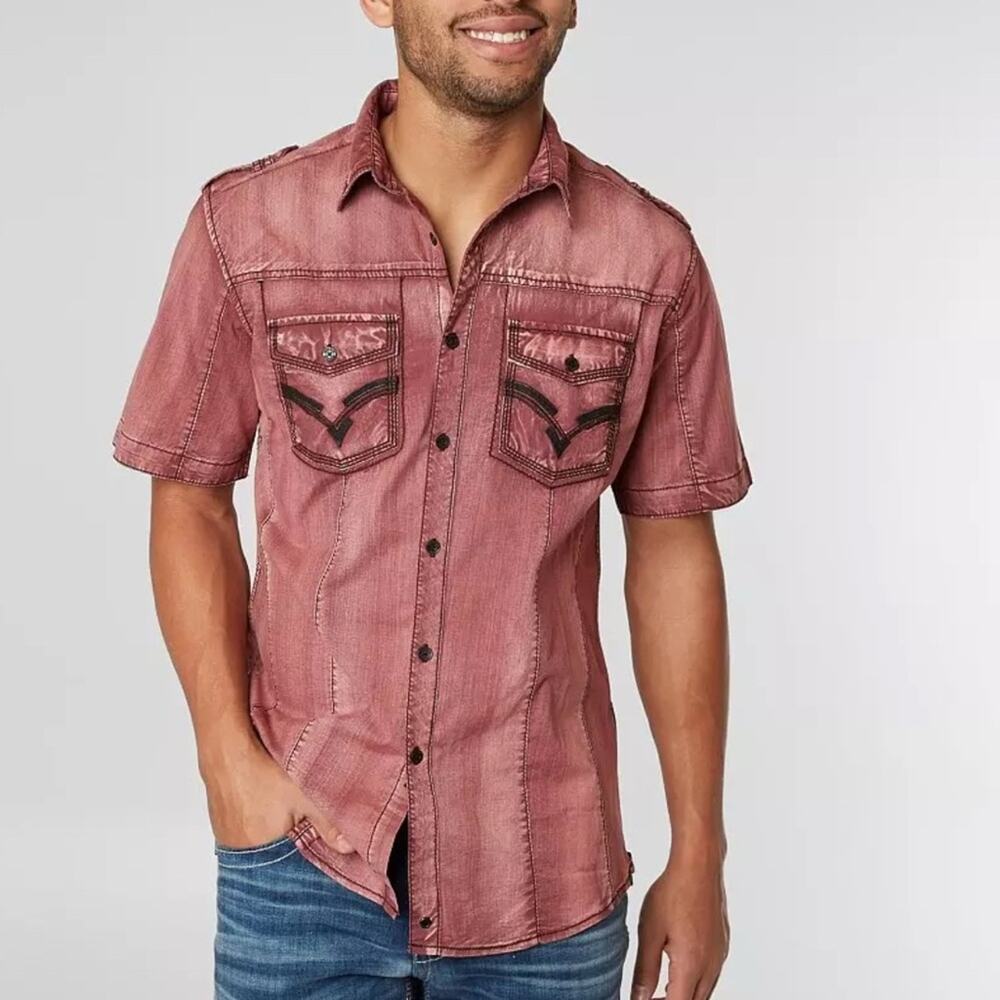 Buckle Black Was Crazy Shirt, Burgundy, Dye Washed Fabric, Embroidered, Small